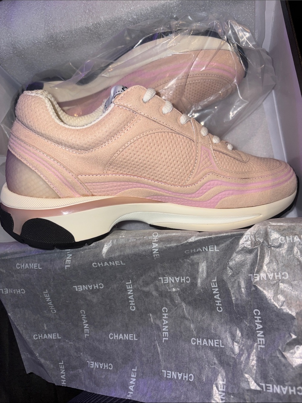 CHANEL Pink and Cream Leather Logo Runner Sneakers - Picture 4 of 7